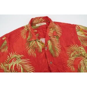 Tommy Bahama‎ Mens Medium Red Silk Floral Palm Leaves Hawaiian Aloha Camp Shirt